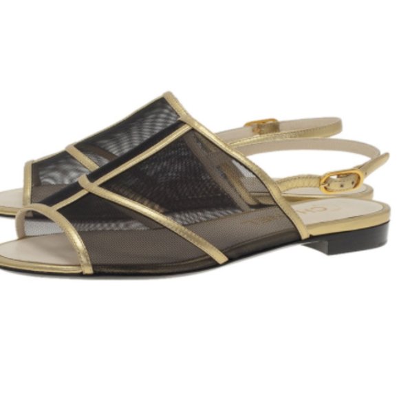 Chanel Black Mesh and Gold Leather Flat Sandals - Picture 2 of 3